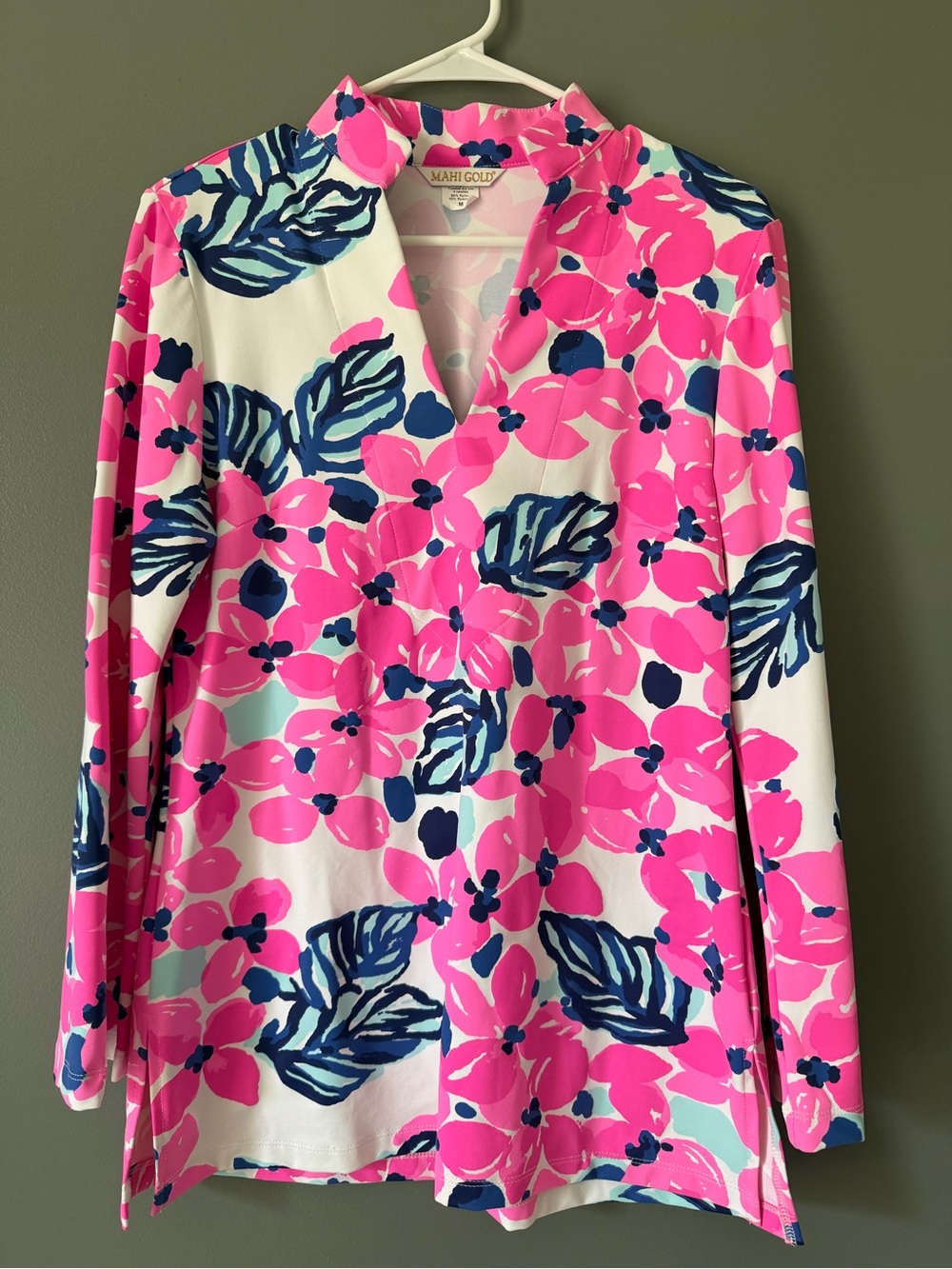 Mahi Gold Top Pink Vibrant Tropical Floral Print Pullover Long Sleeve Shirt Sz M